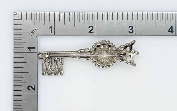 Regal Vintage Rhinestone Crowned Key Brooch