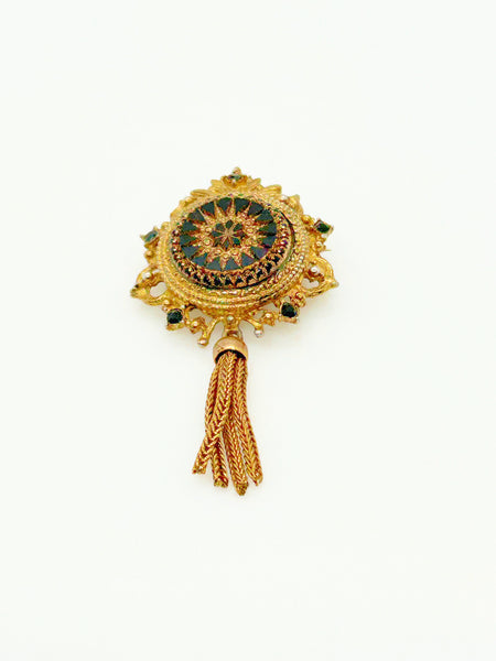 Denise Moroccan Style Gold Tone and Carved Black Glass Brooch