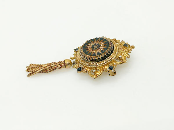 Denise Moroccan Style Gold Tone and Carved Black Glass Brooch