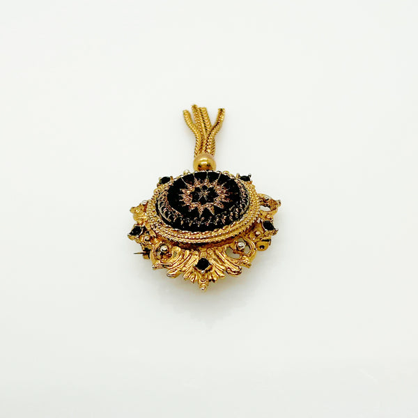 Denise Moroccan Style Gold Tone and Carved Black Glass Brooch