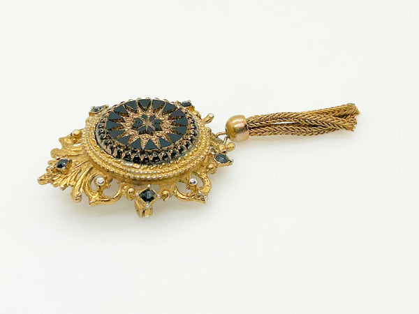 Denise Moroccan Style Gold Tone and Carved Black Glass Brooch