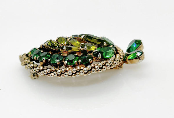 Early Unsigned Weiss Green-Gray Rhinestone Leaf Brooch