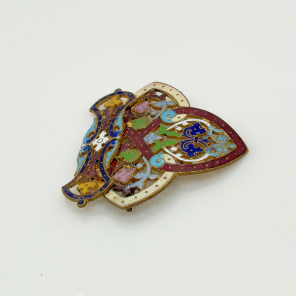 Art Nouveau Antique Champleve Enamel Brooch and Earrings