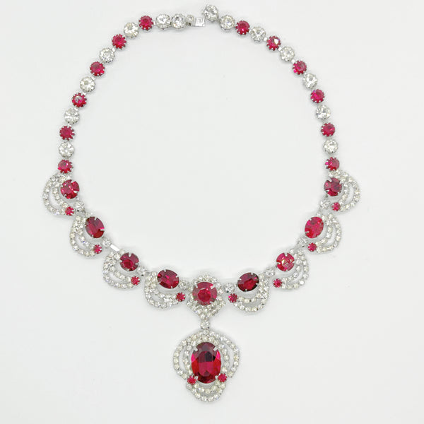 Vivid Red and Clear Rhinestones Fancy Necklace