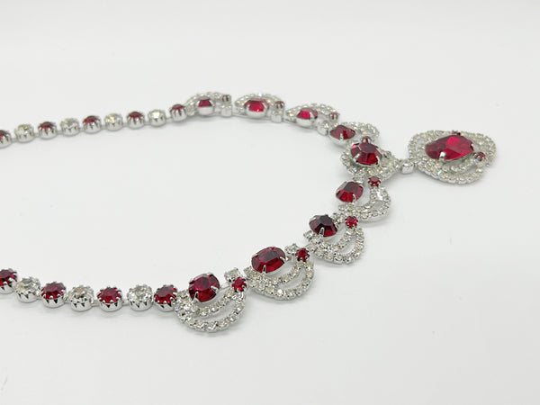 Vivid Red and Clear Rhinestones Fancy Necklace