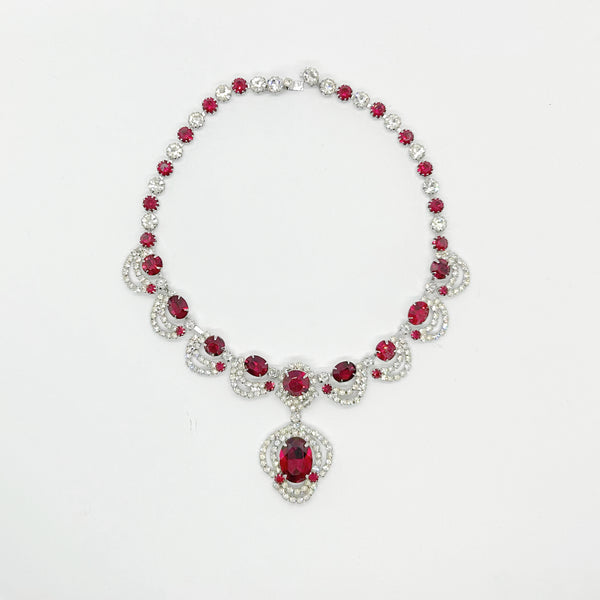 Vivid Red and Clear Rhinestones Fancy Necklace