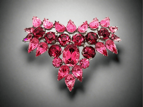 Fantastic Hot Pink and Red Heart Vintage Rhinestone Brooch - Lamoree’s Vintage