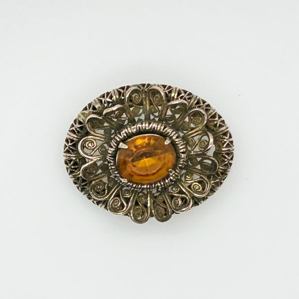 Vintage European Oval Floral Brooch with Amber Colored Stone