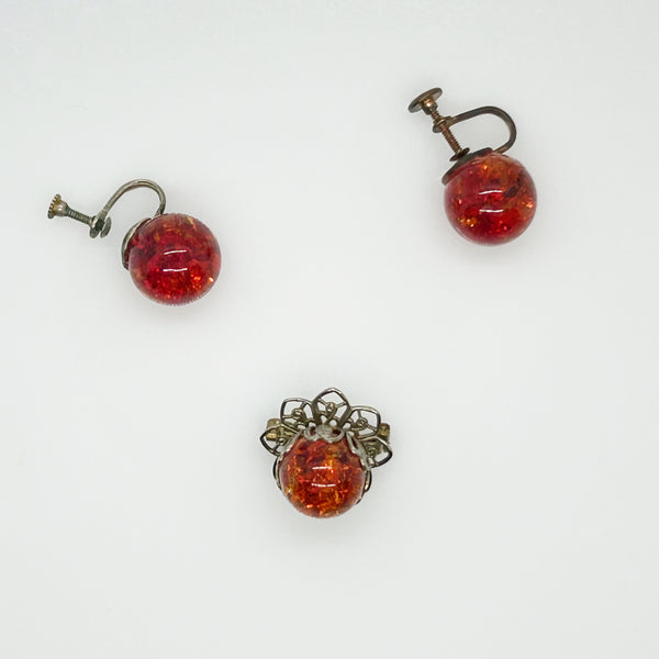 Vivid Orange Fire Opal Glass Brooch and Earring Set in Sterling