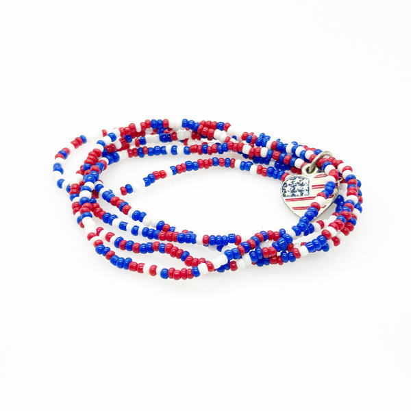 Vintage Red, White and Blue Beaded Bracelet with American Flag Charm