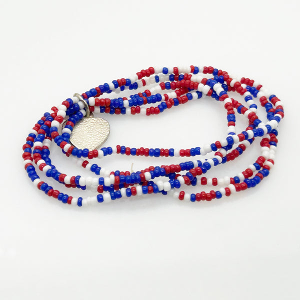 Vintage Red, White and Blue Beaded Bracelet with American Flag Charm