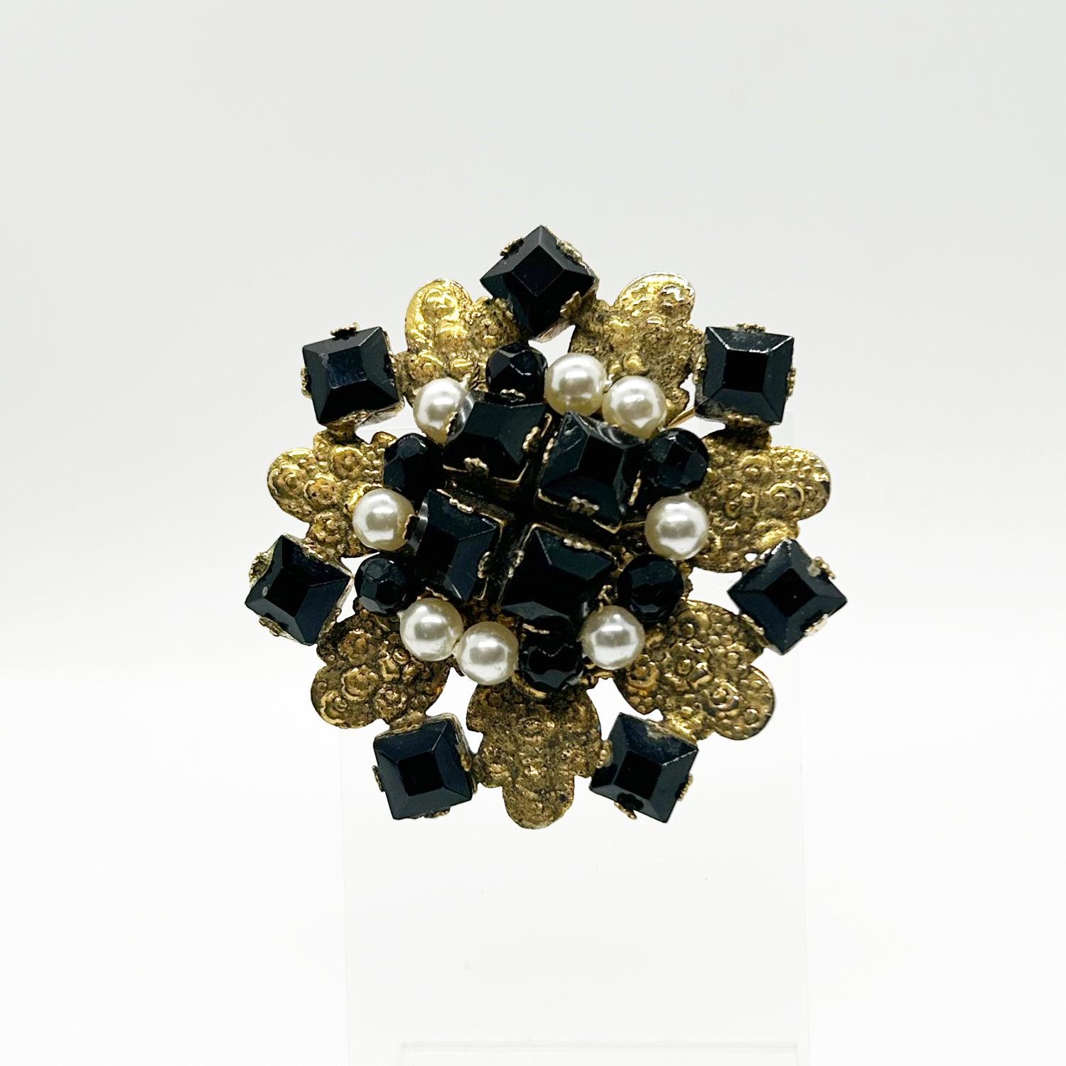 Vintage Frierich Brooch with Black Beads and Faux Pearls