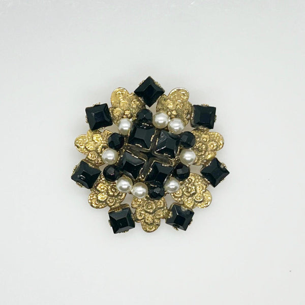 Vintage Frierich Brooch with Black Beads and Faux Pearls