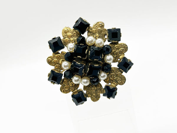 Vintage Frierich Brooch with Black Beads and Faux Pearls