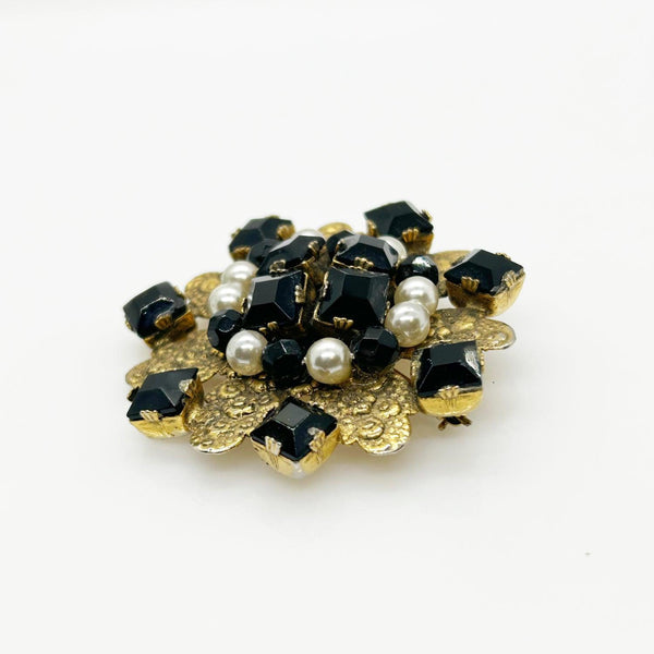 Vintage Frierich Brooch with Black Beads and Faux Pearls