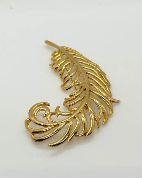 Sleek Vintage Large Golden Feather Brooch