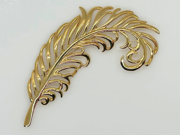 Sleek Vintage Large Golden Feather Brooch