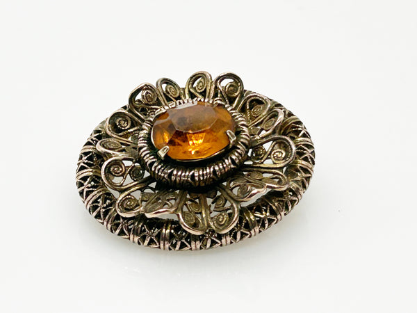 Vintage European Oval Floral Brooch with Amber Colored Stone