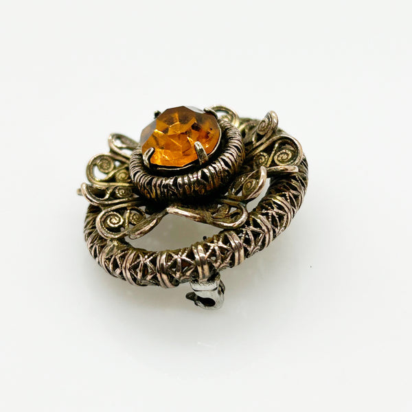 Vintage European Oval Floral Brooch with Amber Colored Stone