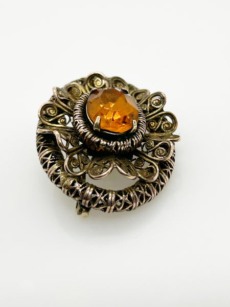 Vintage European Oval Floral Brooch with Amber Colored Stone