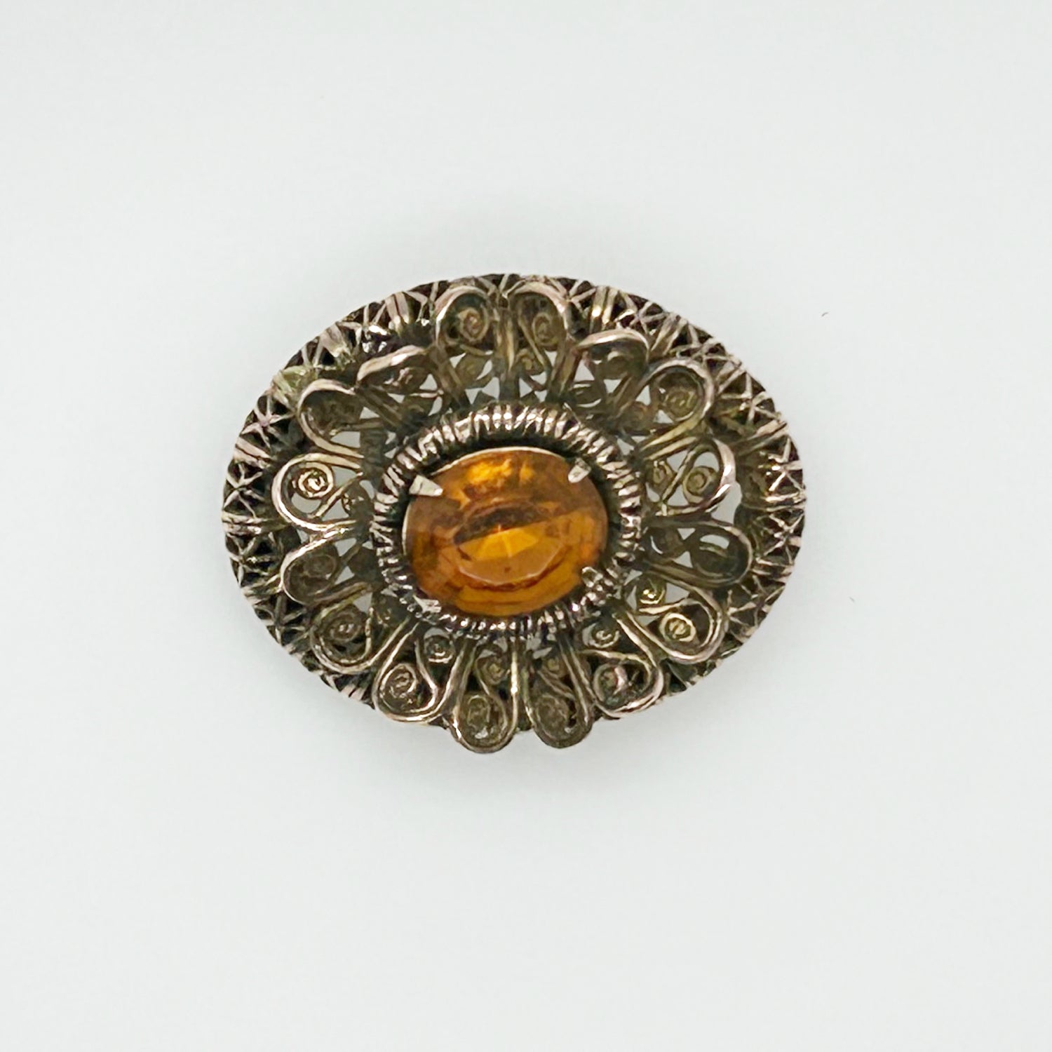 Vintage European Oval Floral Brooch with Amber Colored Stone