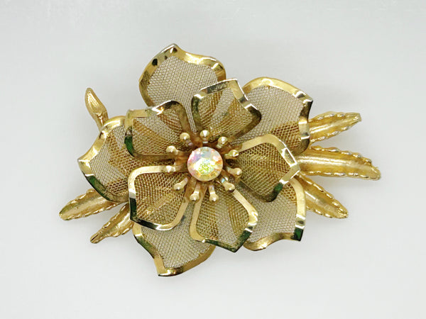 Vintage Gold Mesh Flower with Mesh Petals Brooch