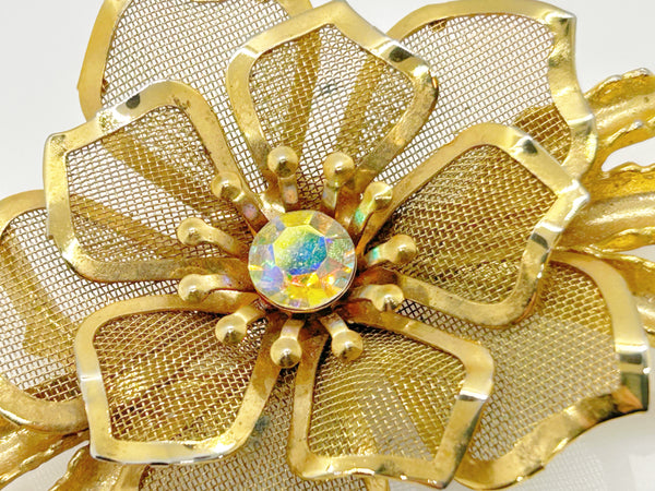 Vintage Gold Mesh Flower with Mesh Petals Brooch