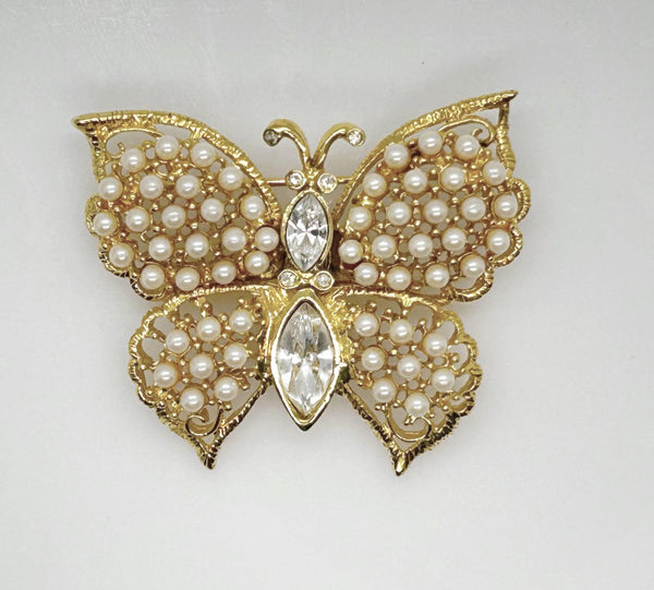 Graziano Faux Pearl Vintage Golden Butterfly Brooch