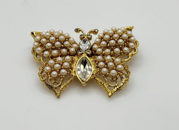 Graziano Faux Pearl Vintage Golden Butterfly Brooch