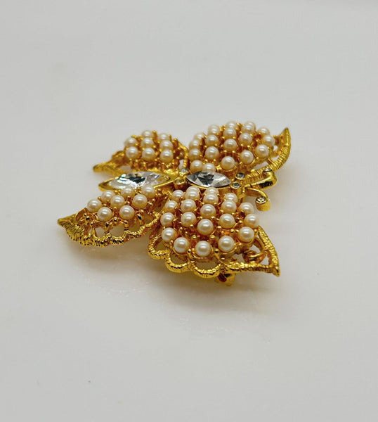 Graziano Faux Pearl Vintage Golden Butterfly Brooch