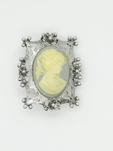 Charming Gray and Silver  Cameo Brooch