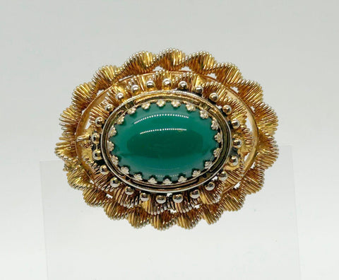 Vintage Green Oval Cabochon Brooch with Textured Setting