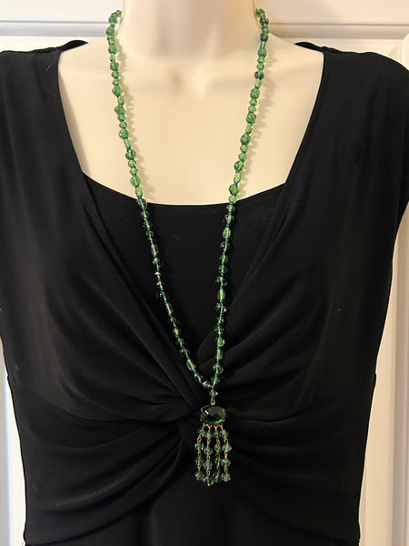 Lovely Long Deco Green Beaded Necklace with Drops