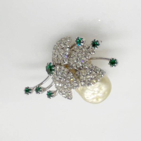 Unusual Vintage Brooch with Baroque Faux Pearl and Rhinestones