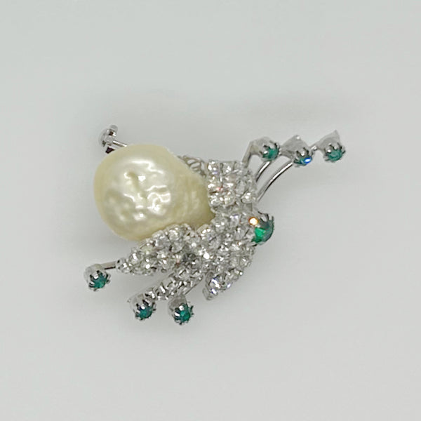 Unusual Vintage Brooch with Baroque Faux Pearl and Rhinestones