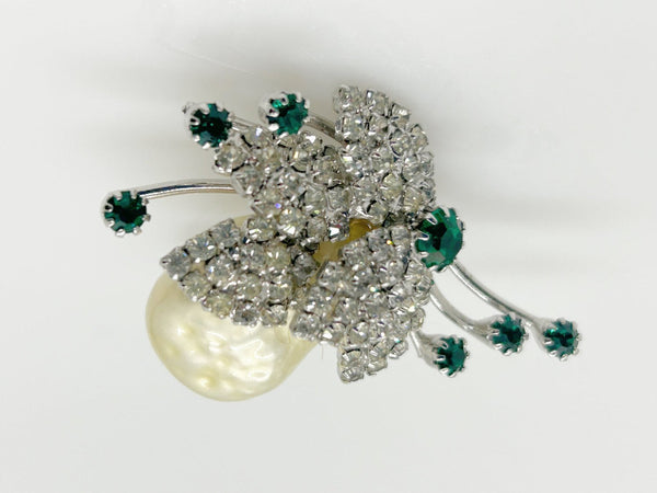 Unusual Vintage Brooch with Baroque Faux Pearl and Rhinestones