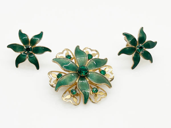 Vintage Green Enamel and Rhinestone Floral Brooch and Earrings