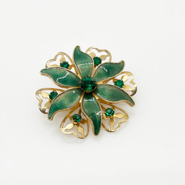 Vintage Green Enamel and Rhinestone Floral Brooch and Earrings