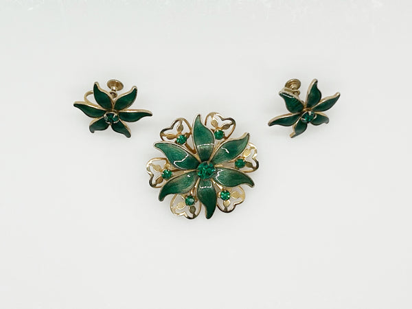 Vintage Green Enamel and Rhinestone Floral Brooch and Earrings