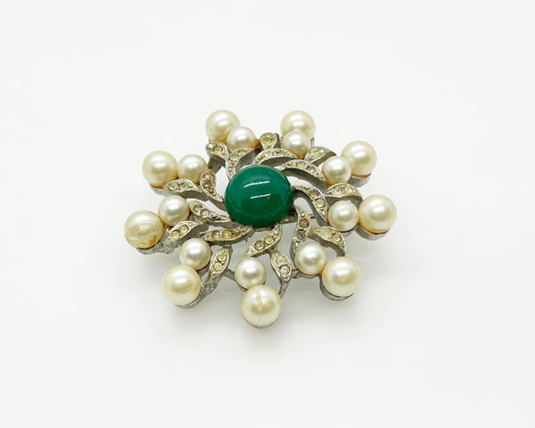 Vintage Pearl and Green Belle Epoque Style Swirl Brooch