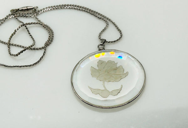 Hallmark Glass Etched Frosted Rose Pendant and Chain