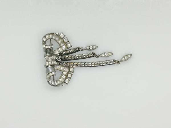 Vintage Art Deco Rhinestone Bow Brooch with Dangles