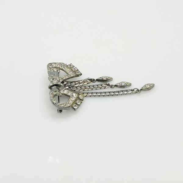 Vintage Art Deco Rhinestone Bow Brooch with Dangles