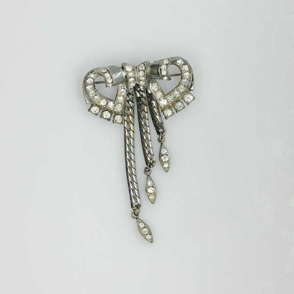 Vintage Art Deco Rhinestone Bow Brooch with Dangles