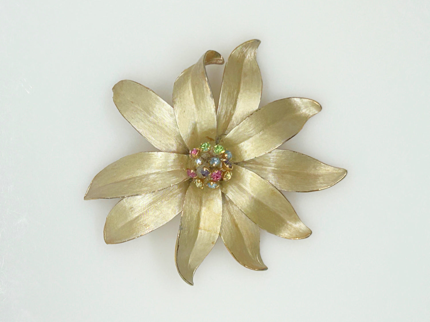 Vintage Flower Trembler Brooch with Pastel Rhinestone Center