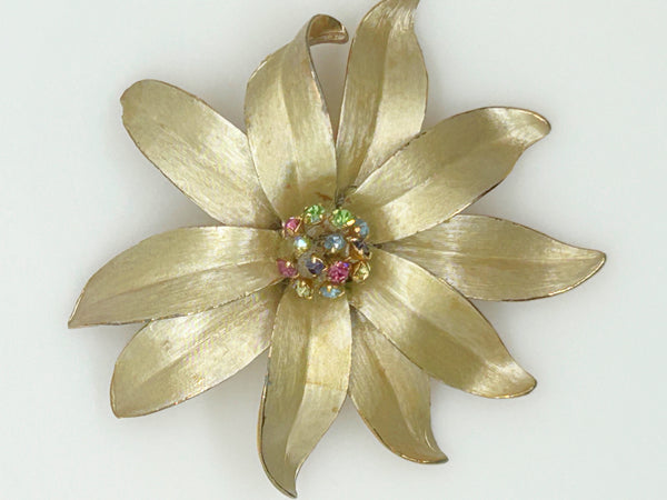 Vintage Flower Trembler Brooch with Pastel Rhinestone Center