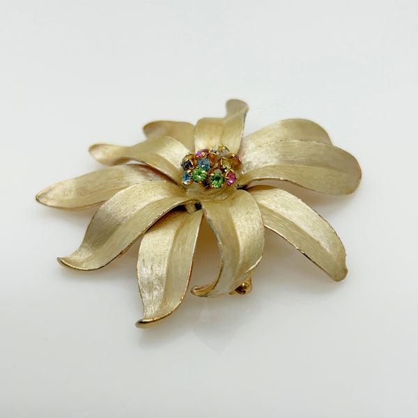 Vintage Flower Trembler Brooch with Pastel Rhinestone Center