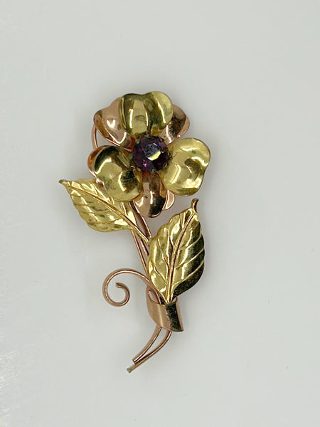 Vintage Large Flower Brooch with Purple Stone