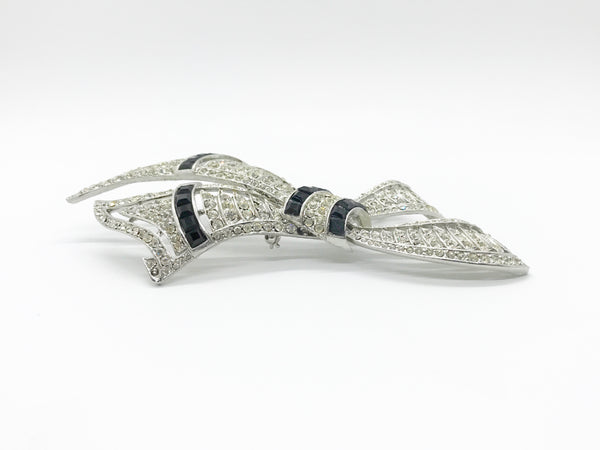 Very Large Deco Style Black and White Stone Bow Brooch