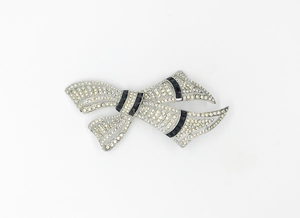 Very Large Deco Style Black and White Stone Bow Brooch